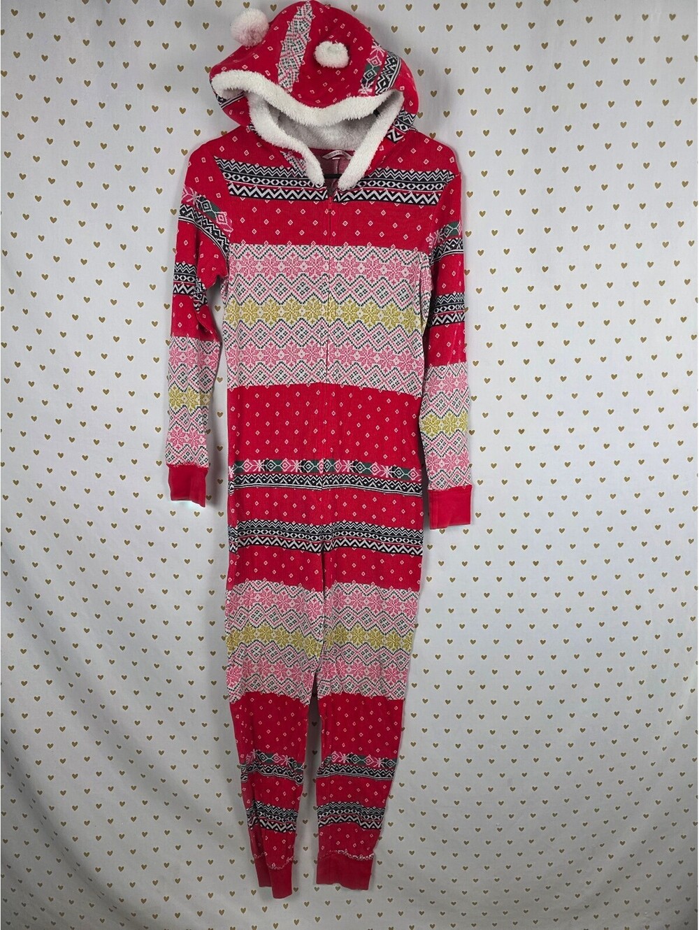 Victoria's Secret Fair Isle Pom Pom Hooded Onesie Pajamas S Christmas Thermal